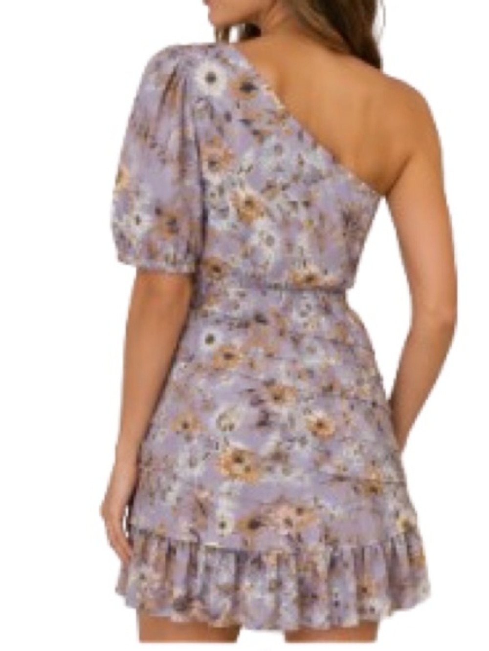 ASTR The Label Periwinkle Floral One Shoulder Ruched Mini Dress S Wedding Guest - Picture 7 of 7